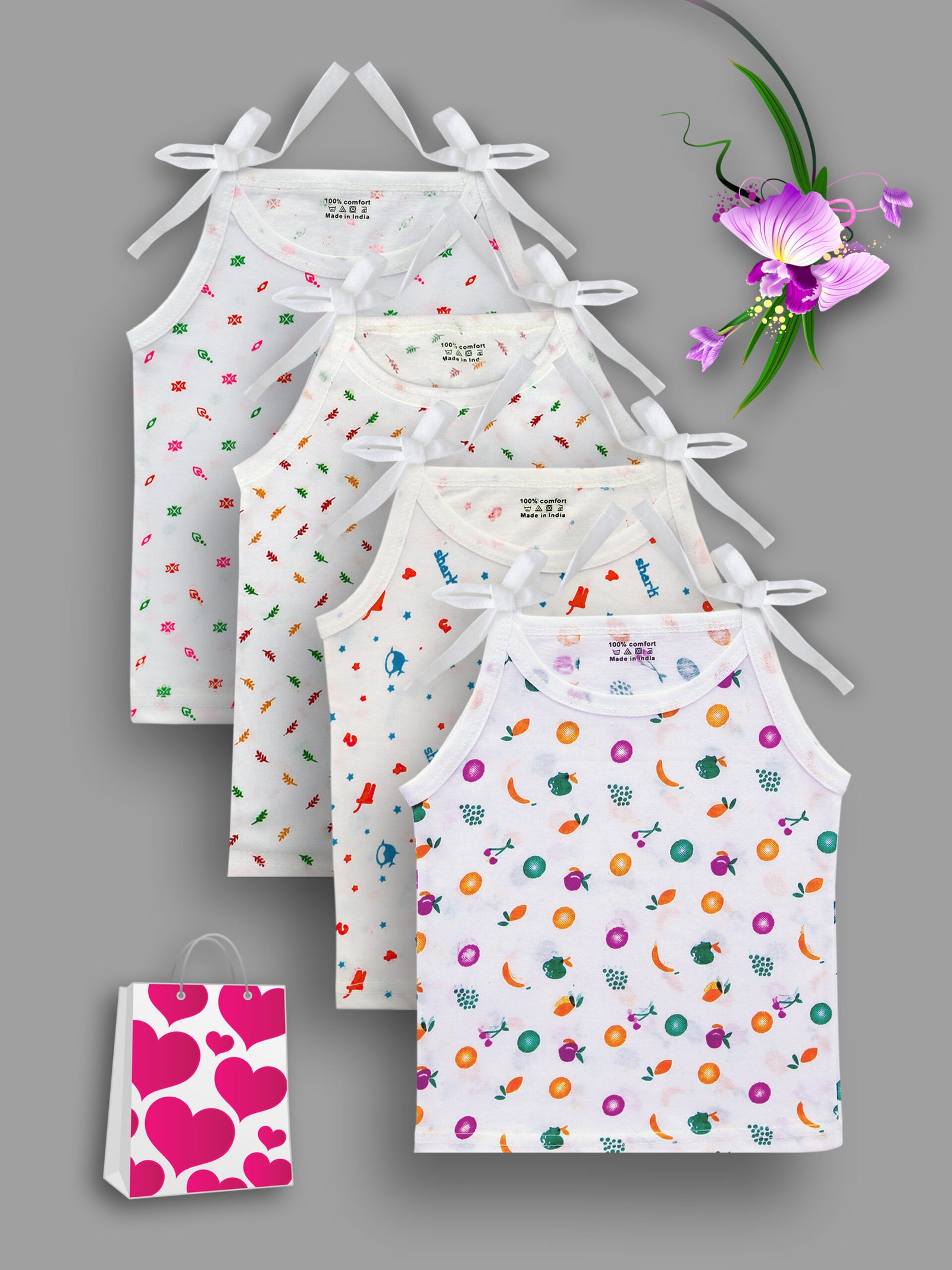100% Organic Cotton Muslin Jabla for Newborns & Toddlers - Soft, Breathable, Unisex Baby Vest (Set of 4) | Sleeveless & Half-Sleeve Shirts | Skin-Friendly & Lightweight