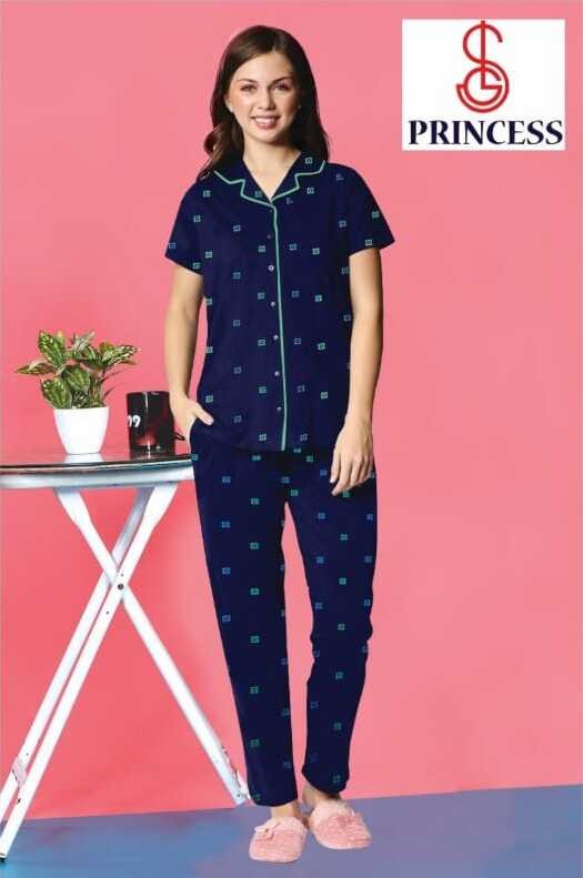 Women's Cotton Printed Shirt & Pyjama Night Suit Set for Women Blue